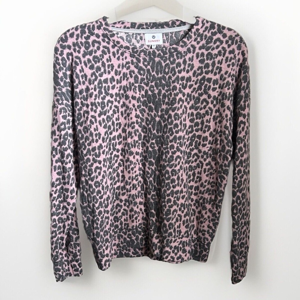 Sundry Women's Leopard Print Crew Neck Sweater Pink Black Size 2 (MD)